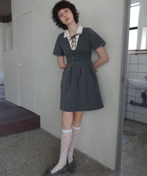 idem（イデム）の「lace up polo onepiece/ポロミニワンピース